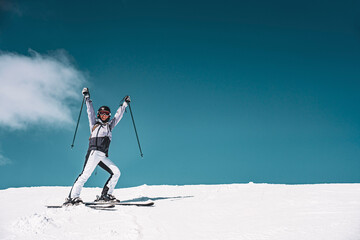 Photo of happy woman on ski in Italy