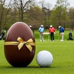 Oeuf de Pâques en chocolat avec ruban doré sur green de golf, golfeurs en arrière plan