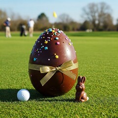 Oeuf de Pâques en chocolat avec lapin et ruban doré sur green de golf, golfeurs en arrière plan