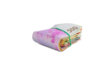 A stack of euro bills isolated on free white background. Big money roll covered with rubber band of euro notes.