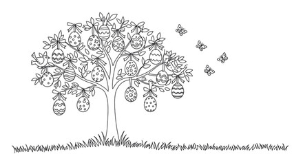 Small Easter Tree Outline Decorated with Hanging Eggs and Festive Ribbons Spring Holiday Line Art Design