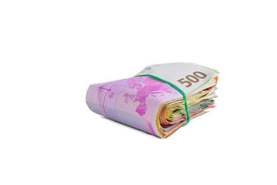 A stack of euro bills isolated on free white background. Big money roll covered with rubber band of euro notes.