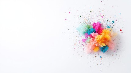 Colorful powder explosion in mid-air against a clean white background, vibrant hues of orange, pink, blue, and yellow, and artistic and creative concept.