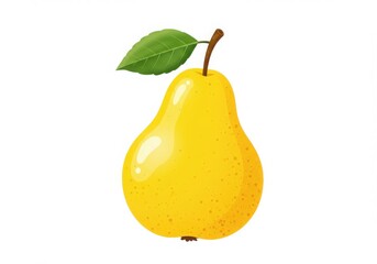 A single yellow pear with a green leaf and brown stem on a plain white background illustration