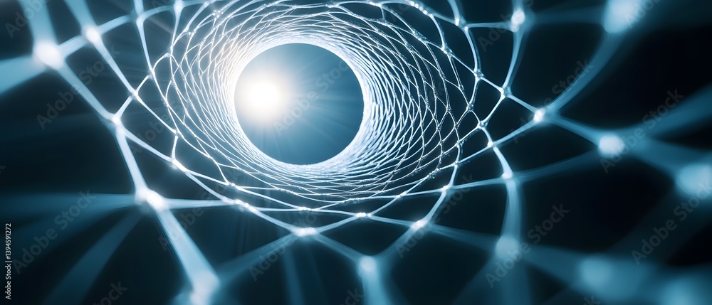 Poster abstract tunnel with connected nodes and bright light at the end