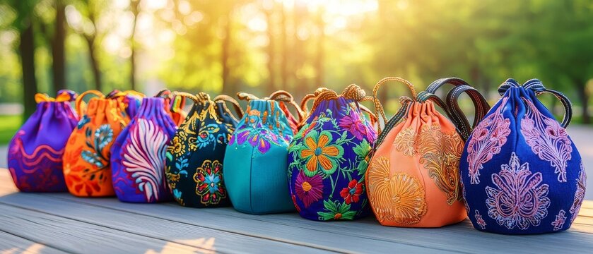 Artisan craft fair showcase handmade fabric bags display outdoor market vibrant setting close-up view