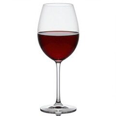 A single wine glass filled with red wine is centered on a white background in a studio shot view