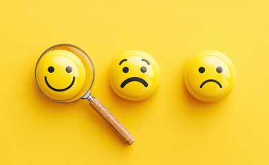 A magnifying glass focuses on a happy emoji, emphasizing the search for positivity on a yellow backdrop.