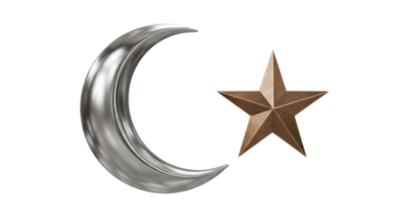 A crescent moon in silver with a golden star on a black background in a digital rendering style