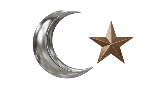 A crescent moon in silver with a golden star on a black background in a digital rendering style