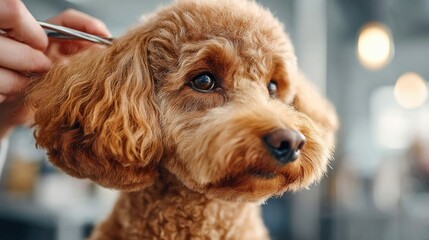 A charming, brown poodle receives a professional grooming service to stay healthy and stylish.