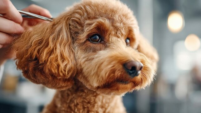 A charming, brown poodle receives a professional grooming service to stay healthy and stylish.
