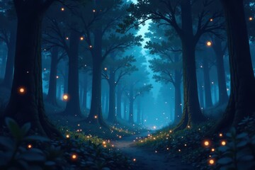 Dark anime forest, glowing fireflies, mysterious atmosphere, forest, digital art