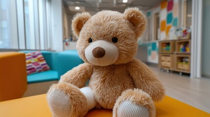 Obraz premium A cuddly brown teddy bear with a bandaged leg sitting in a bright and colorful playroom.