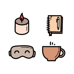 Illustration of a set of icons of notebook, candle, eye mask and coffee cup depicting mental health for rest