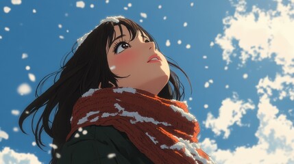 Beautiful anime girl with dark brown hair, wearing winter scarf, looking up at the sky, in an outdoor setting with clear blue skies and falling snow