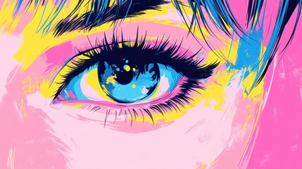 Close up Illustration of anime eyes, pink background with blue and yellow highlights, pop art, flat illustration