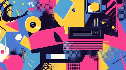 Trendy 90s music mix poster. A retro club party design featuring 80s and 90s pop culture elements in a Memphis-style layout. 