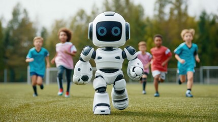 A playful robot leads children running on a soccer field, blending AI and youthful energy.