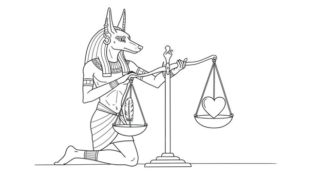 Egyptian God Anubis Coloring Sheet Judgment Scene Weighing Heart Against Feather Scales Jackal Head Design