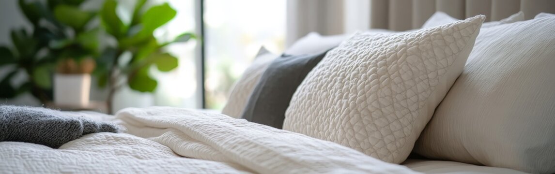 Soft gray pillow on white bed in cozy bedroom with sunlight