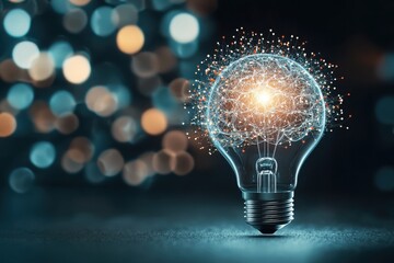A glowing light bulb with sparkling particles, symbolizing creativity and innovative ideas against a blurred, colorful background.