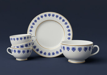 Tea cup set isolated on black background 3D realistic render