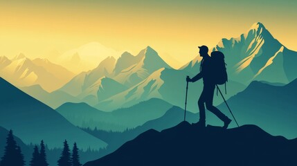 Fototapeta premium Vector artwork of a man hiking, symbolizing adventure and exploration.