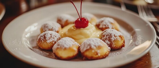 A plate of golden-brown pastry balls dusted with sugar surrounds a creamy center topped with a cherry.