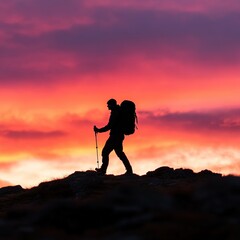 Hiker silhouette on a mountain top