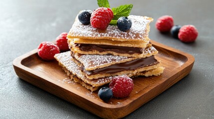 Delicious Layers of Chocolate Dessert with Fresh Berries on a Wooden Plate