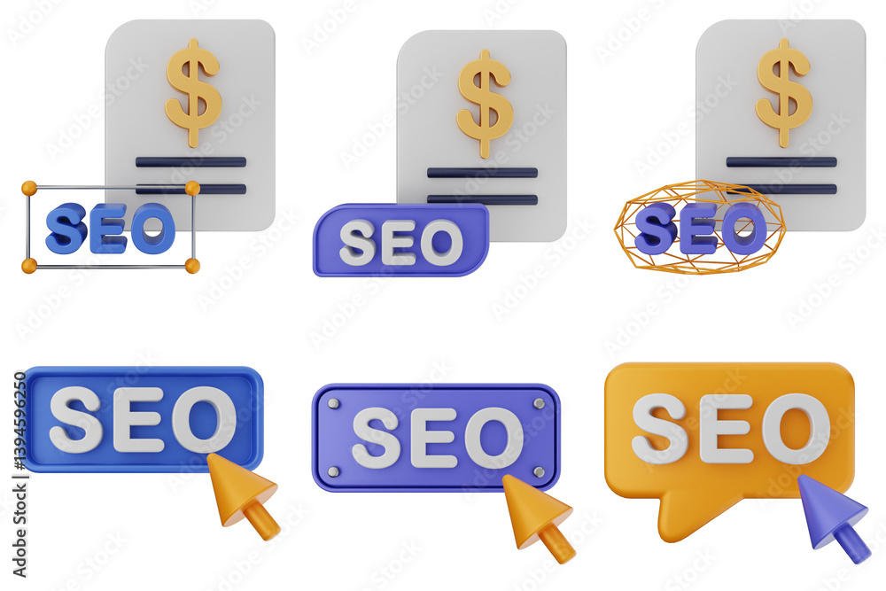 Poster 3d search engine optimization icon set bundle