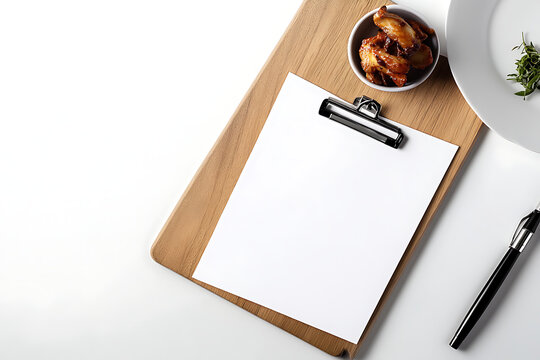 Food Menu Planning Blank Clipboard with Asian Appetizer, Salad Greens, and Fountain Pen on White Background
