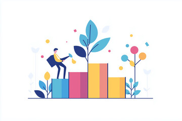vector-style illustration of a businessperson watering a plant that grows into a bar graph