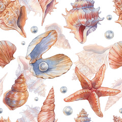 Watercolor seamless pattern underwater life objects with sea shells and sea stars on white background. Hand painting on paper. Perfect for textile, wallpaper and scrapbook design.