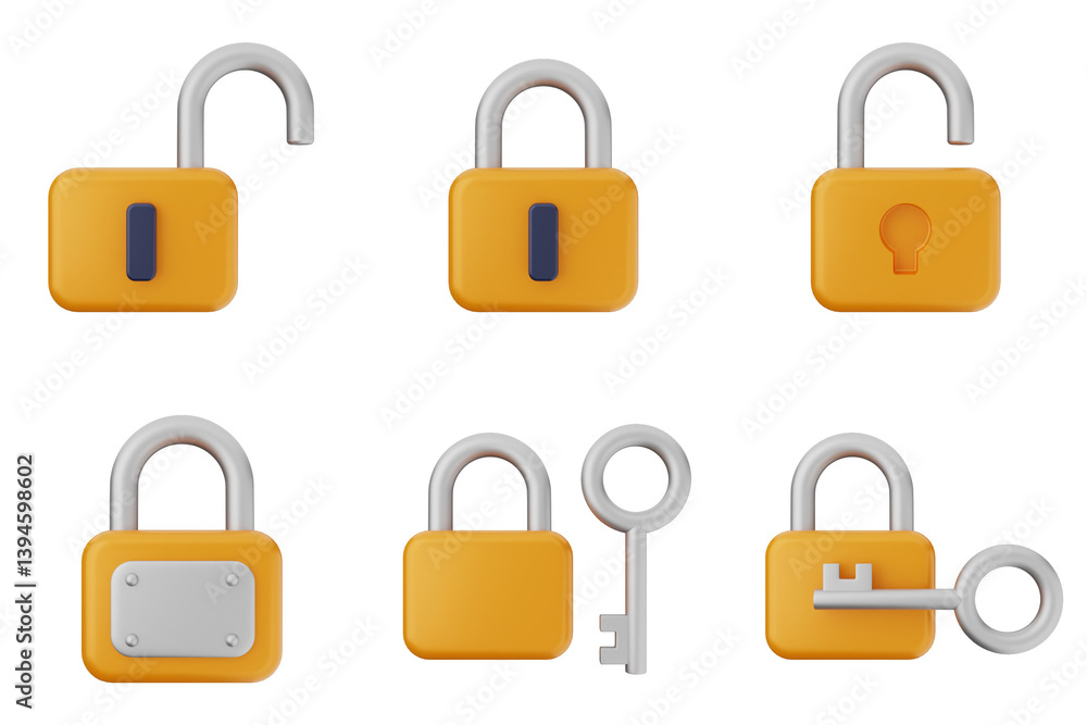 Poster 3d padlock secure safe key system private icon set bundle