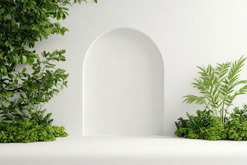 White wall with arched doorway and plants
