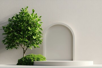 Green tree and arch against white wall