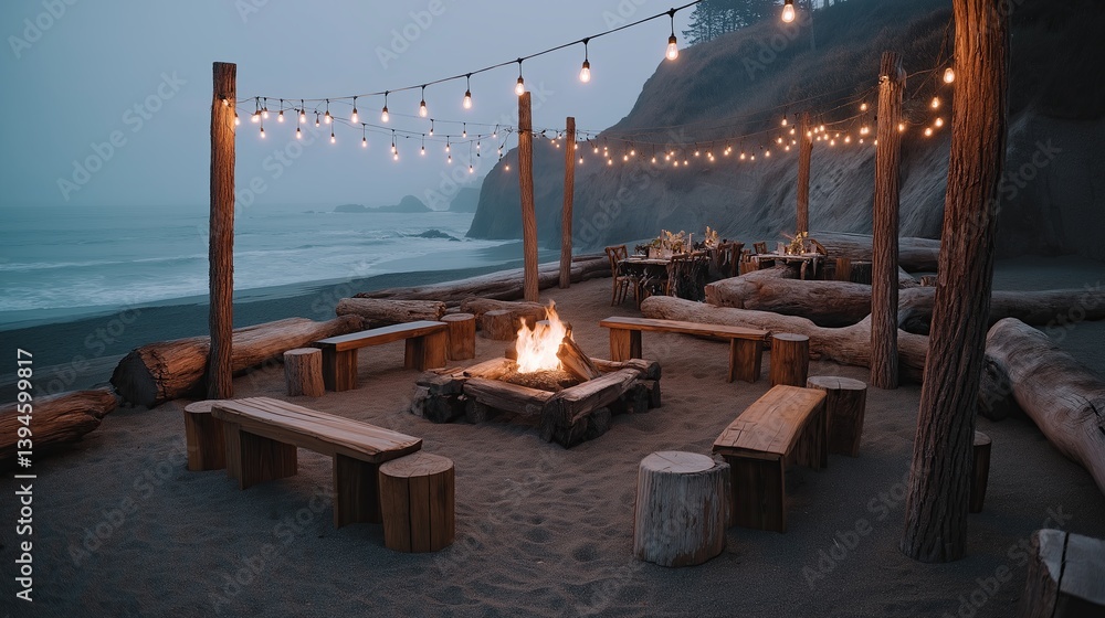Poster a cozy beach bonfire encircled by driftwood logs for seating, with soft string lights hanging above 