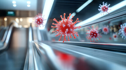 image depicts close up view of modern escalator with stylized representations of virus floating above it, conveying sense of concern about health and safety in public spaces