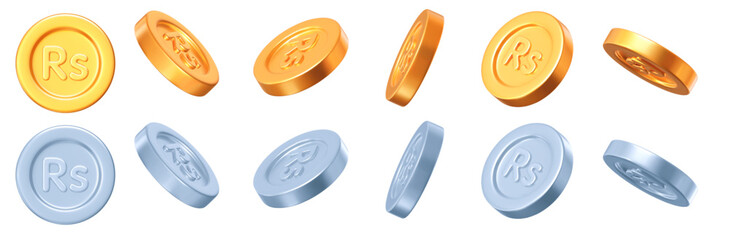 3d set golden and silver Rupee Pakistan coin with different angles. RS icon. Stock vector illustration on isolated background.	