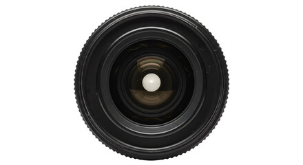 A close up shot of a camera lens with a white reflection in the center on a black background