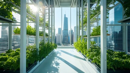 A bright, urban vertical farm with hydroponic systems providing fresh produce, with a modern city skyline visible through large windows