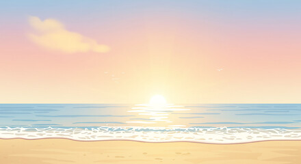 Obraz premium Serene Sunset Beach Scene Tranquil Ocean Waves on Sandy Shore at Dusk