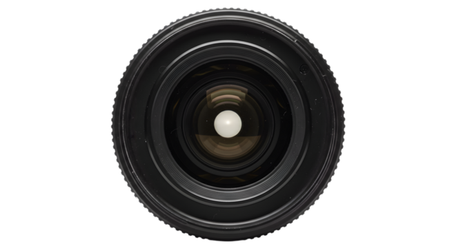 A close up shot of a camera lens with a white reflection in the center on a black background