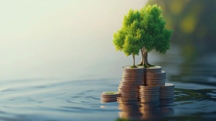 Profit growth visual represented by growing trees on stacked coins