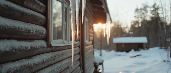 Icicles hanging from a wooden cabin under the early morning sun, embodying the stillness of a snowy landscape.