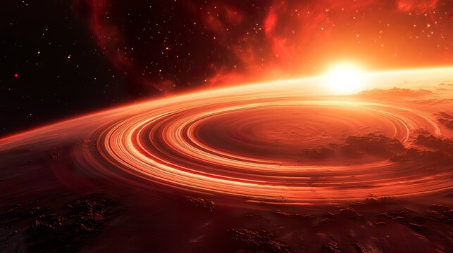 Sci-Fi Space Ring Station, rotating around a distant red dwarf star