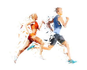 Run, running people - man and woman, low poly isolated vector sports illustration, side view. Track and field athletes