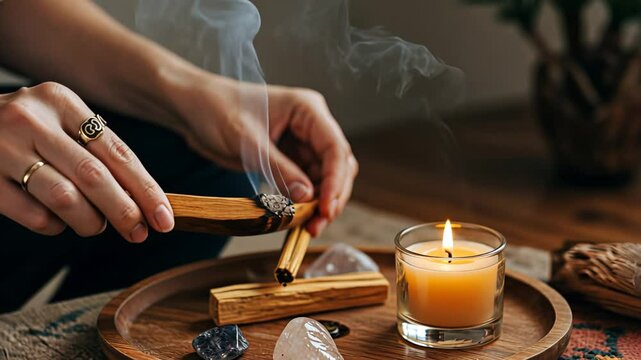 Ritual candle lighting and palo santo smudging in serene atmosphere
